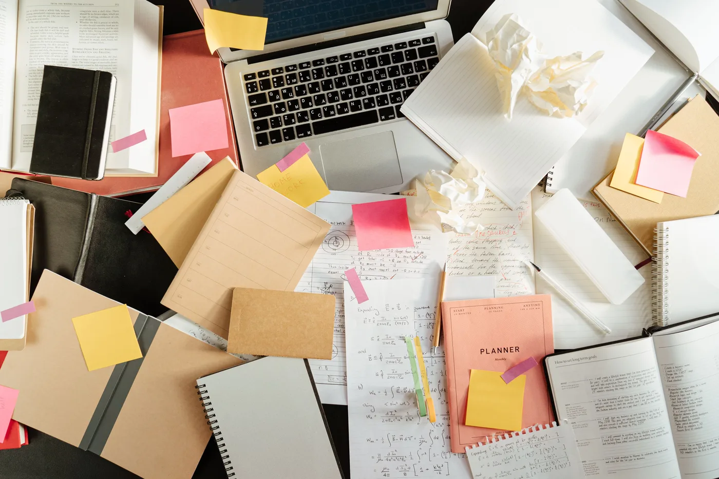 Planning materials and notes arranged on a work table